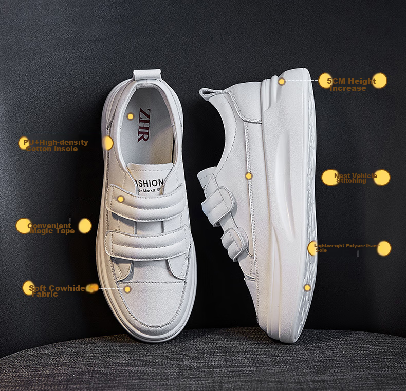 ZHR White Sneakers for Women, High-Quality Cowhide Upper, Thick-Soled Heightening Slimming Casual Shoes, Classic Velcro Versatile Sports Shoes AH109 White 37 6
