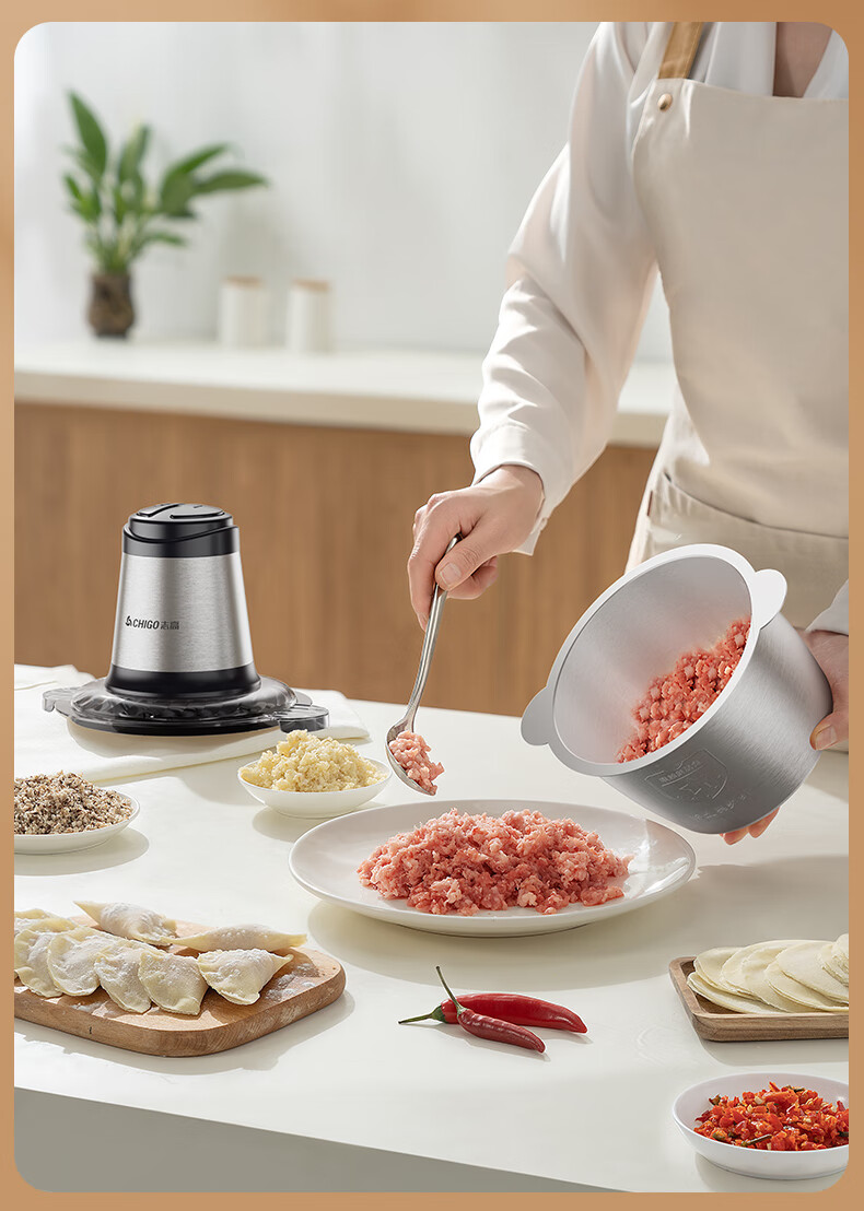 CHIGO Meat Grinder for Home Use, Mincer Machine, 304 Stainless Steel Small Multifunctional Food Processor, Meat Chopper, Dumpling Filling And Garlic Paste Maker, 2L Dual Blade Head ZG-L805 14