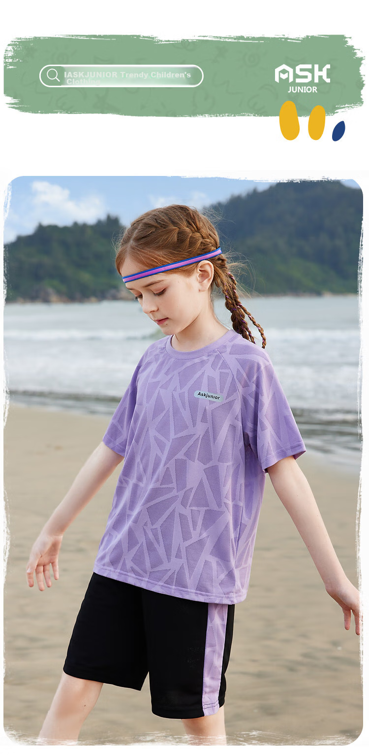 ASK JUNIOR Girls' Set, Summer 2025 Thin Short-Sleeve T-Shirt, Children's Shorts, Quick-Dry Running Outfit, Purple, Size 120 1