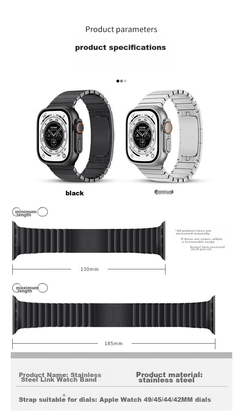 BHO Compatible New Apple Watch Band, Metal Chain Strap for Apple Watch S12/S11, Stainless Steel Watchband for IWatch S10/9/8/SE3/Ultra4/3 8
