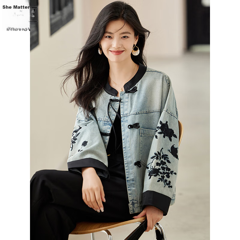 She Enjoy Women's Denim Jacket Retro Revival Chinese Style Embroidered Spring Autumn Denim Cardigan T143U5001