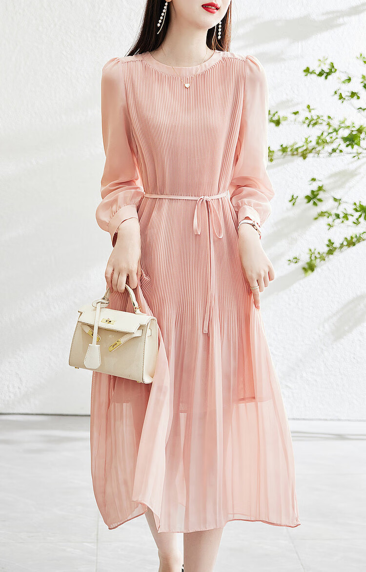 Dme [Waving Sleeve to Capture Fairy Dust] Spring And Autumn Round Neck Pleated Puff Sleeve Waist-Cinching Tie A-Line Dress for Women, Mid-Length Style 14