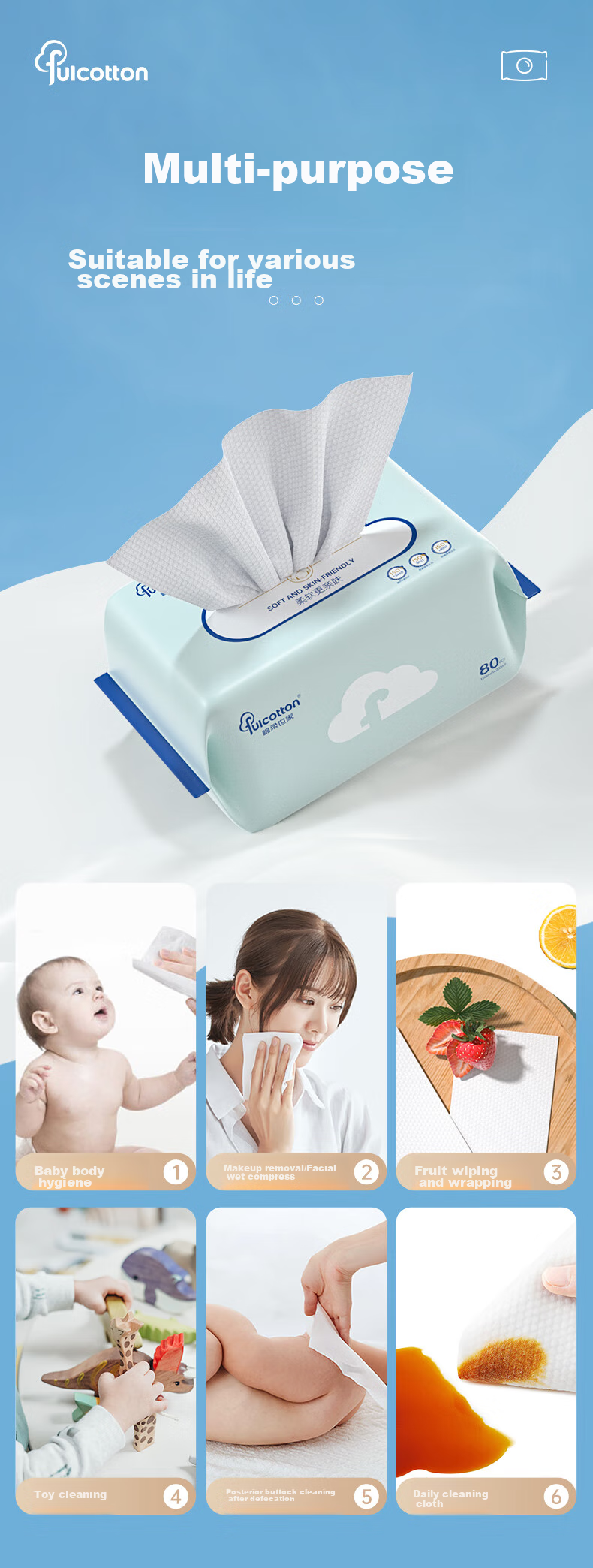 FulCotton Cotton Soft Family Pearl Pattern Facial Cleansing Towels 60 Sheets * 6 Packs Dual-use Dry and Wet Thickened Face Wipes 12