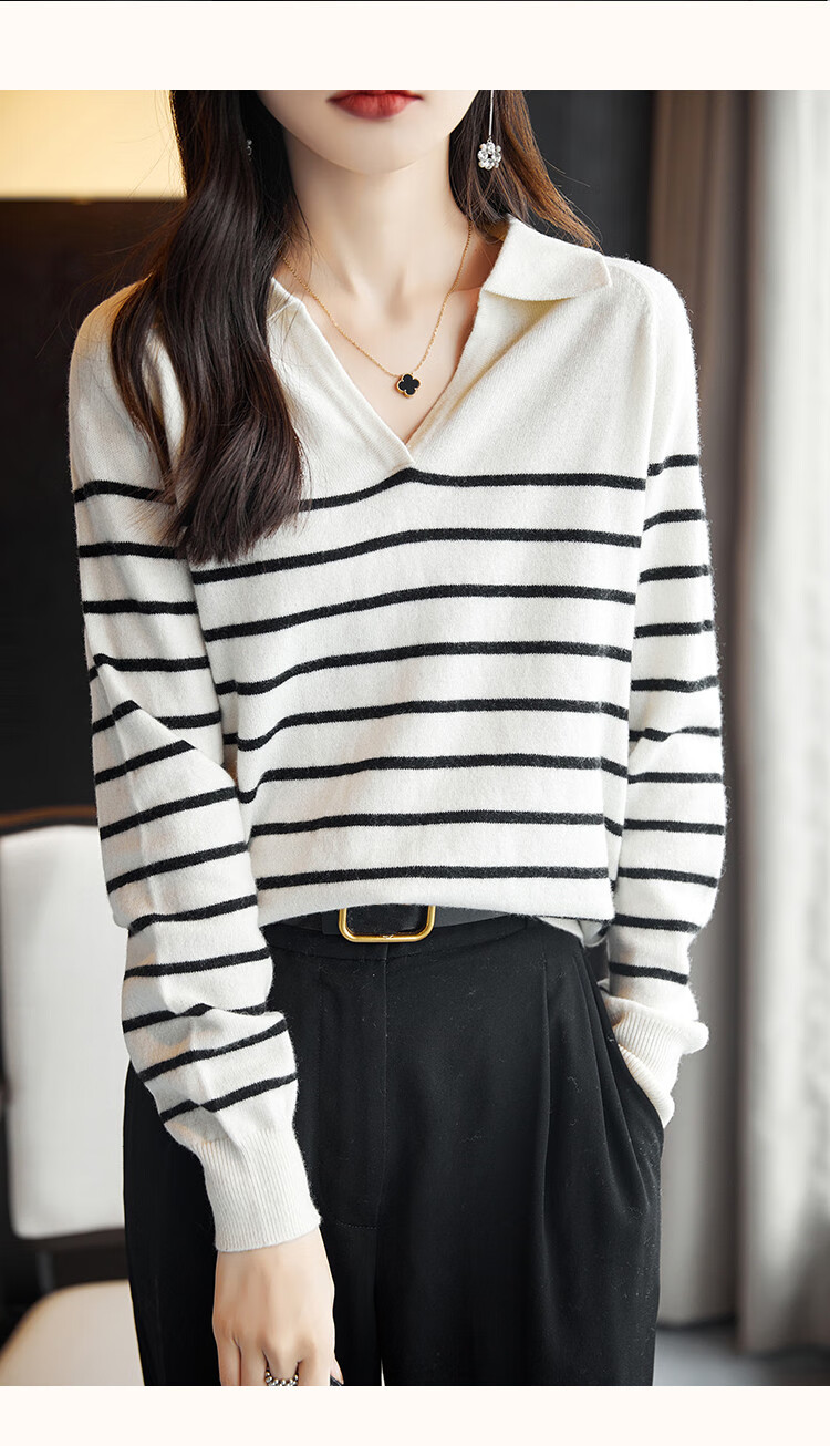 Dme Wool V-Neck Striped Sweater, Elegant And Relaxed Women's Wool Sweater, Black, L 11