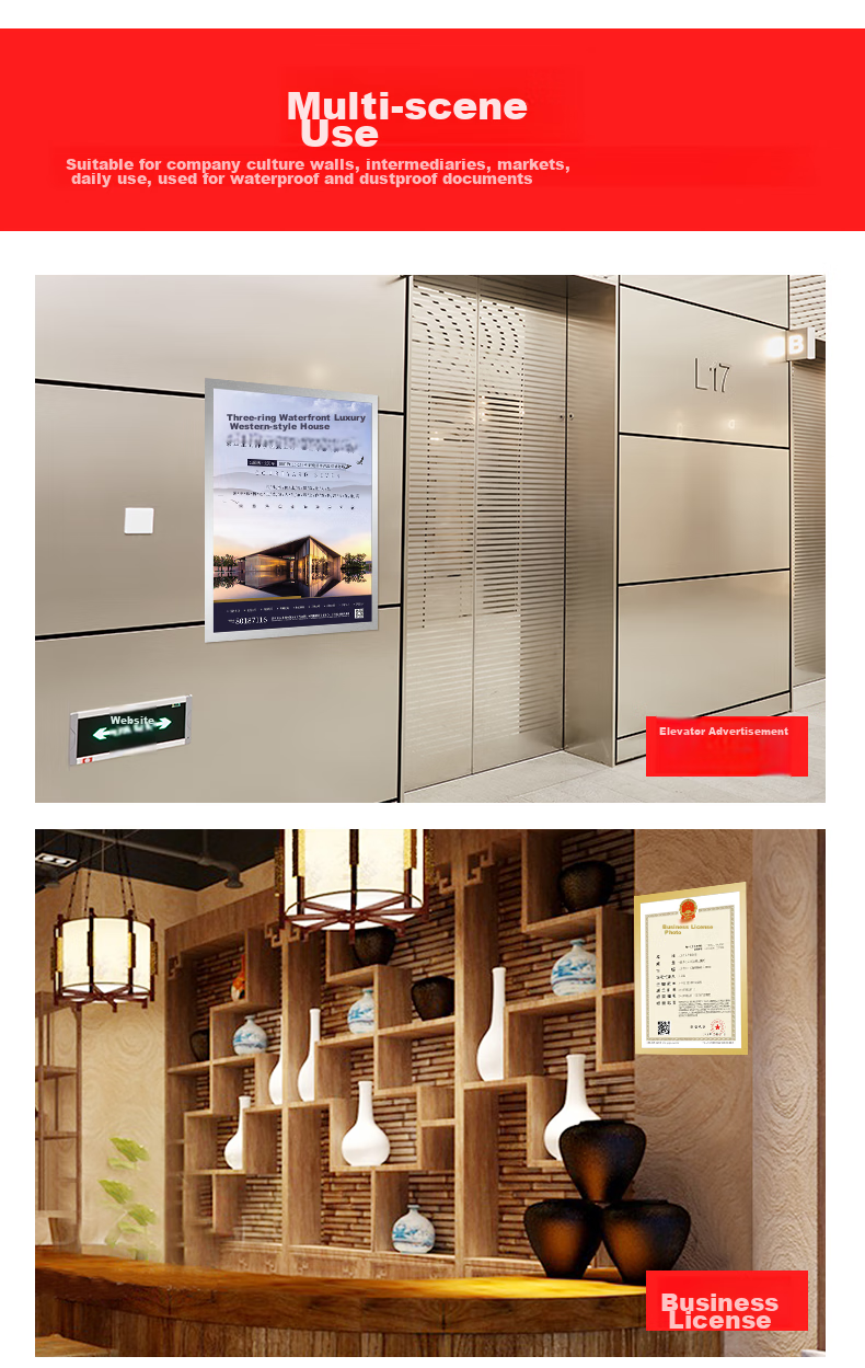 Befon Business License Frame, Magnetic Display A4 Holder, No Drilling Required, Strong Magnetic Attachment, Ready to Use, Specially Designed for Licenses, Photo Poster Protective Frame, Silver 5498 8