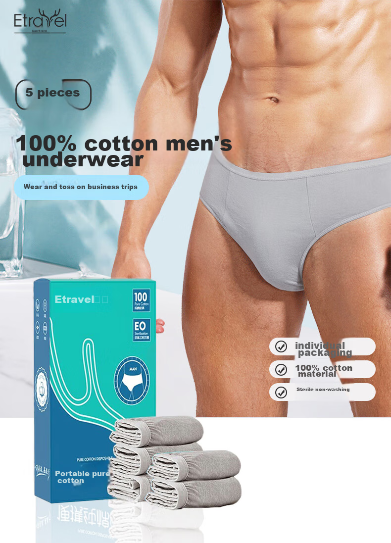 Etravel Disposable Men's Underwear, 5-Pack Pure Cotton Travel-Friendly No-Wash Daily Disposable, Men's Gray Triangle Briefs, 2XL 1
