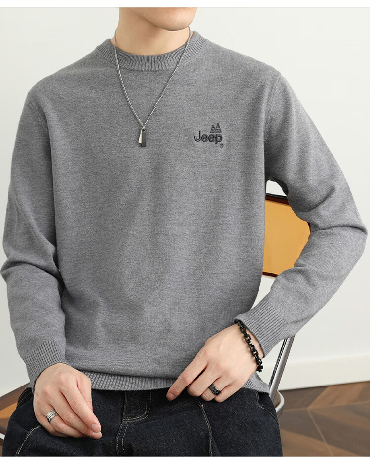 JEEP Men's Autumn Winter Sweater Round Neck Knitwear Comfortable Warm Versatile Top Dark Gray 2XL 17