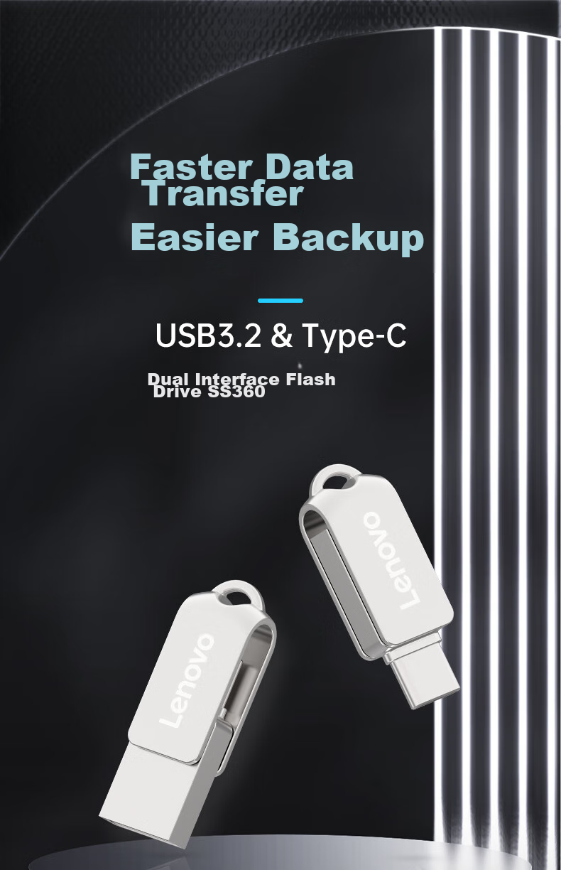 Lenovo 128GB Phone USB Flash Drive, Type-C USB3.2 Dual Interface Rotating Flash Drive, Durable Metal, Essential for Business Office Use, Y200 Series 1