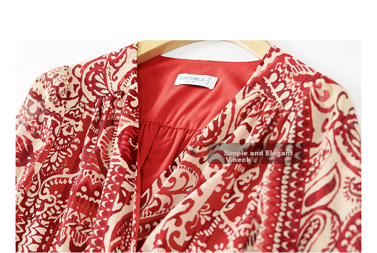 Sentubila Spring And Autumn Mid-Length Floral Print Red Dress, Elegant Goddess Style Slimming Vacation Dress, Red Floral Pattern, Size S 28