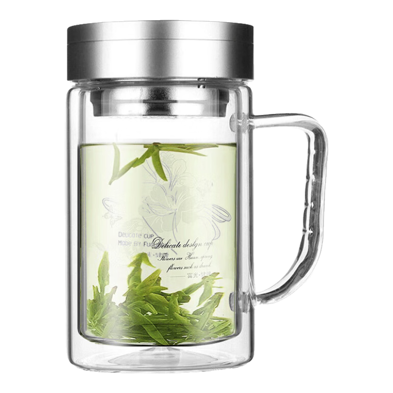 Fuguang Double-Layer Glass Cup, Business Tea Infuser Mug, Large Capacity Heat-Resistant Office Water Bottle with Filter And Handle, Silver, 320ml