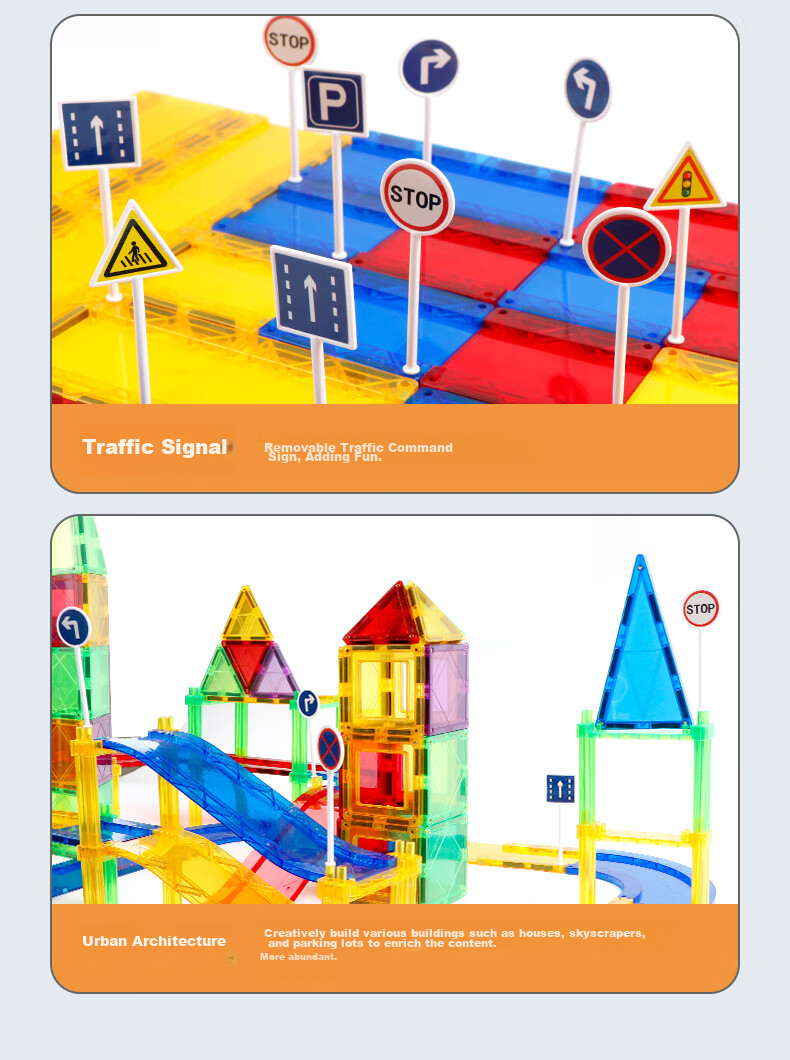 MAGPLAYER Children's Toy, Colorful Window Magnetic Tiles, Magnetic Building Blocks, Traffic Track Car Toys, Gift for Boys Aged 3-6, 82 Pieces 10
