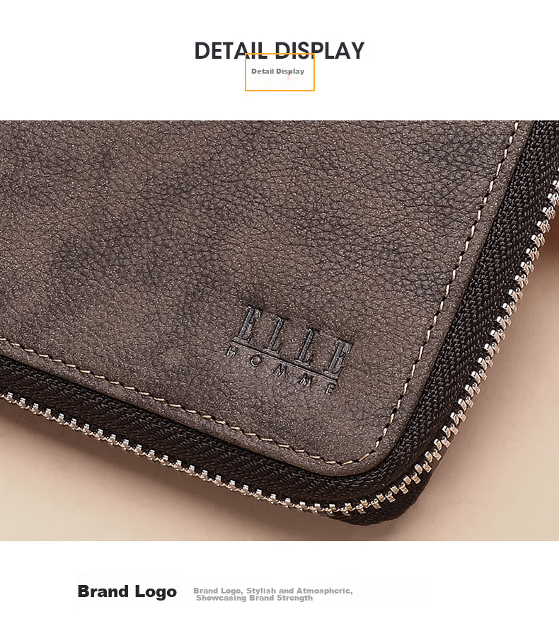 ELLE HOMME Men's Fashionable Short Wallet, Top-Grain Leather Zipper Coin Purse 4426 Brown, Birthday Gift for Me 9