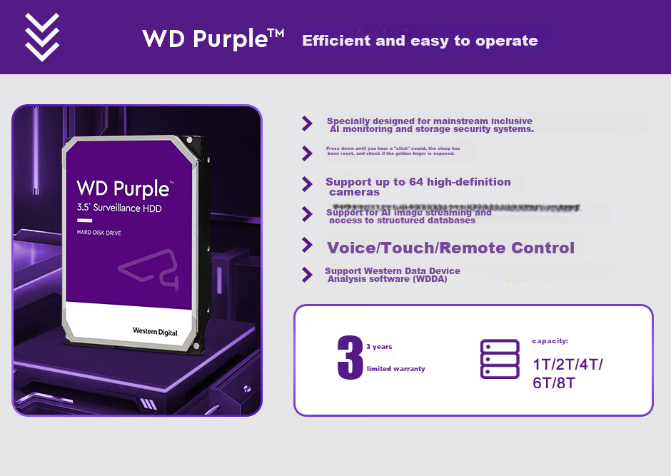 Western Digital (WD) 6TB Surveillance Mechanical Hard Drive, WD Purple, SATA, 256MB CMR Vertical, Security Storage, 3.5-Inch, WD64PURZ 3