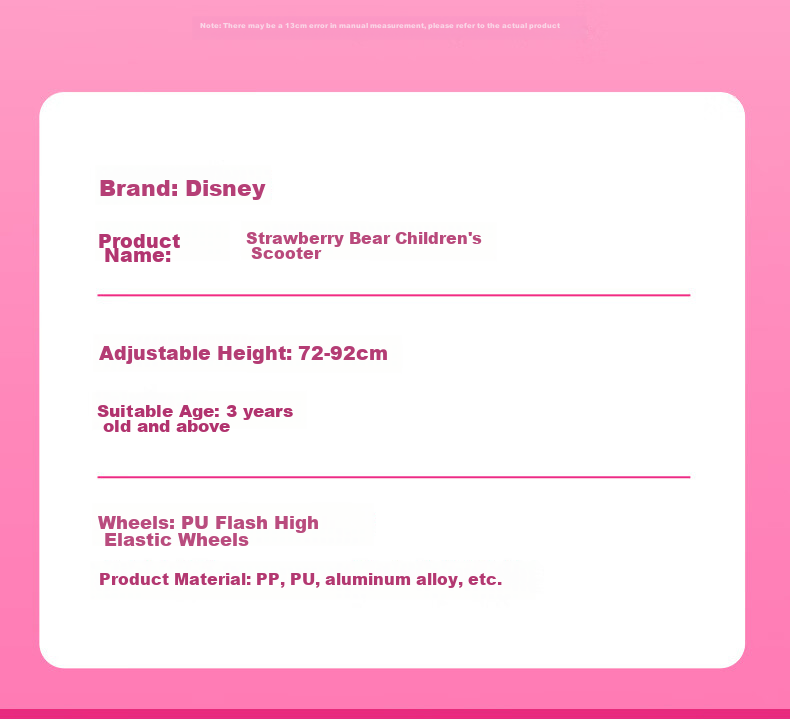 Disney Strawberry Bear Children's Scooter for Ages 3-12, Foldable Wide-Wheel Kick Scooter for Boys And Girls 11