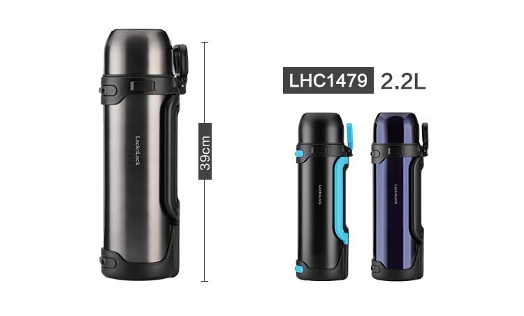 LOCK&LOCK Large Capacity Insulated Bottle, Outdoor Travel Camping Stainless Steel Portable Car-Mounted Handheld Thermos, 2.2L Black 17