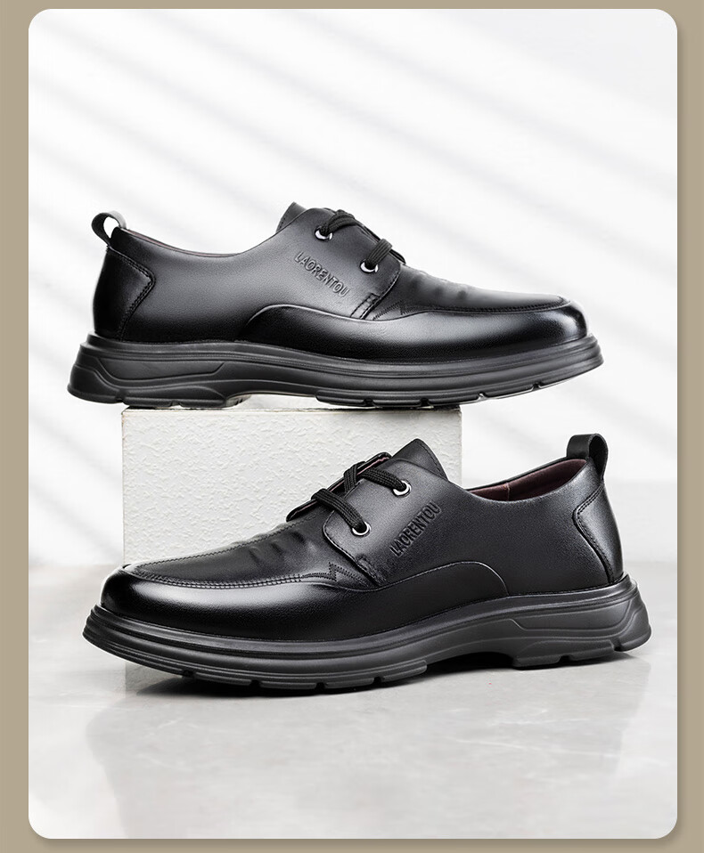 LAORENTOU Men's Leather Shoes, Business Casual Shoes, Top-Grain Cowhide, Lace-Up, Breathable, Non-Slip, Wear-Resistant, Dad Shoes, LA96 Black, Size 43 7