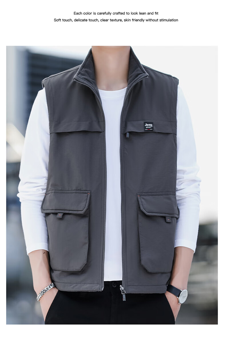 JEEP SPIRIT Fleece-Lined Casual Vest for Men, Spring And Autumn Wear, Two-Way Vest, Workwear Jacket, Khaki, 2XL 4