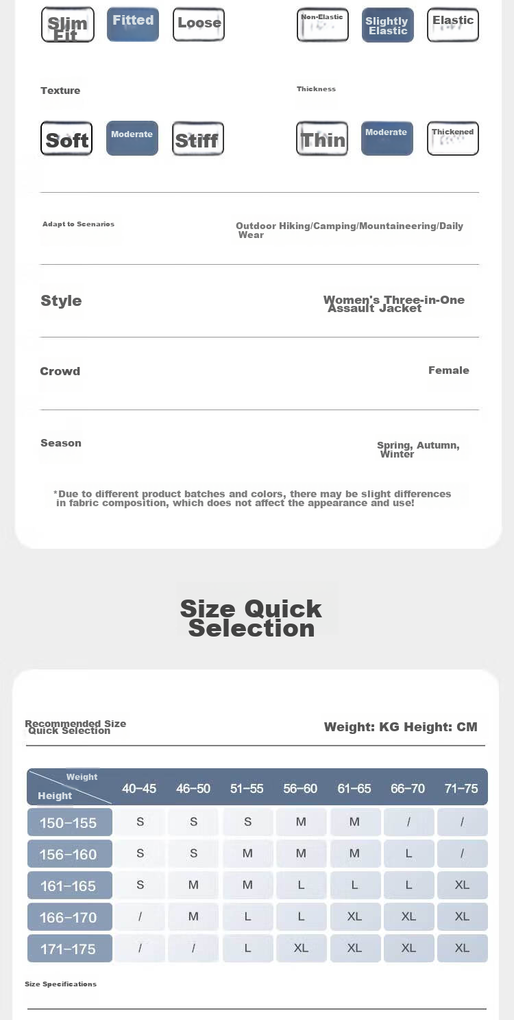 JD Original Climbing Fleece Jacket with Inner Liner, Three-In Spring Women's Outdoor Warm Coat, Glacier Gray, Size S 20