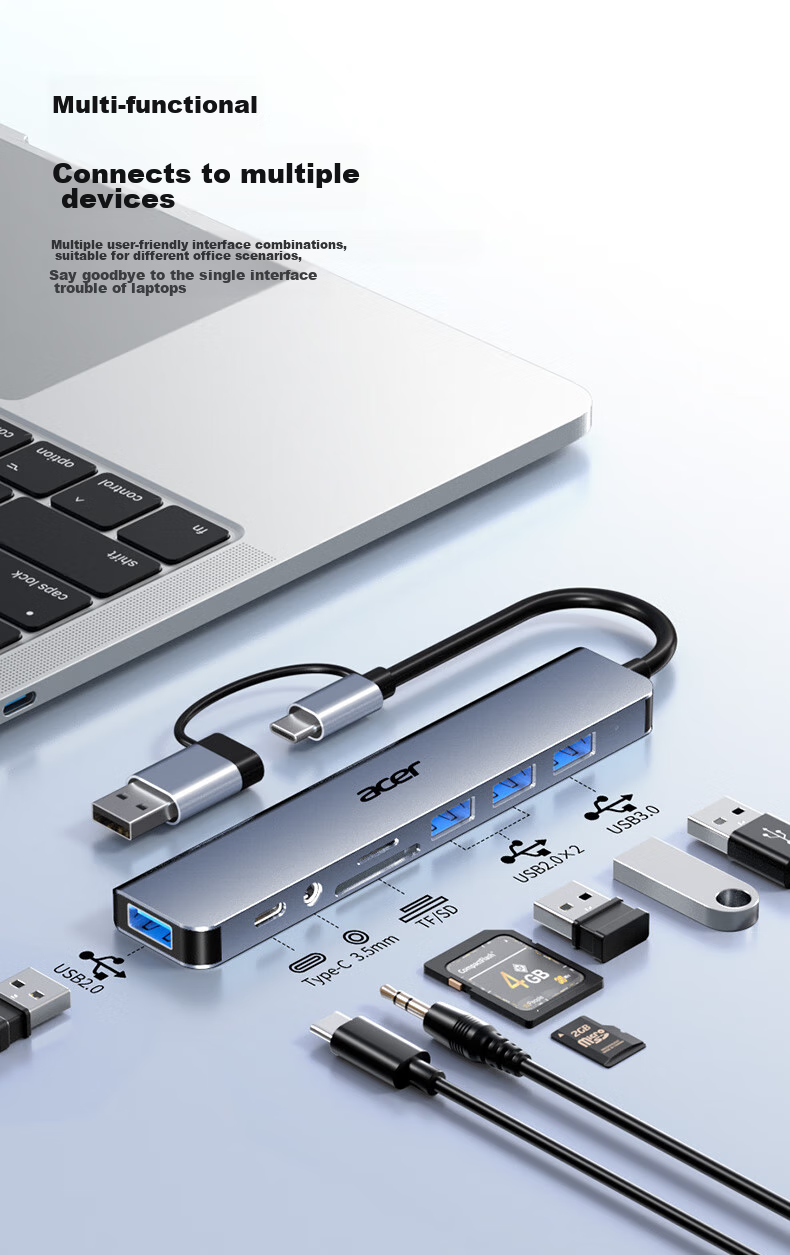 Acer Type-C Expansion Dock, USB3.0 Hub, SD/TF Card Reader Adapter, Compatible with Huawei, Android, MacBook Computers, Converter, Eight-I 2