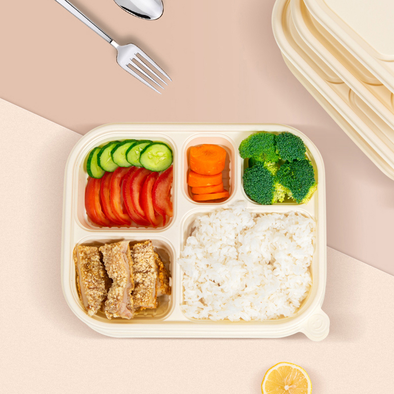 SHUANG YU Disposable Food Containers, 50 Sets * 1000ml, Corn Starch Biodegradable, Five-Compartment Divided Meal Boxes, Eco-Friendly Takeout Containers