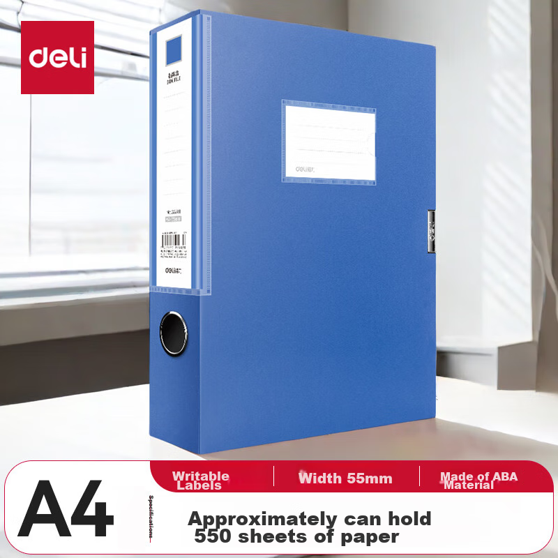 Deli 55mm Single A4 Plastic File Box with Velcro Closure, Document Storage Box for Finance And Accounting, Office Supplies, 33511 Blue