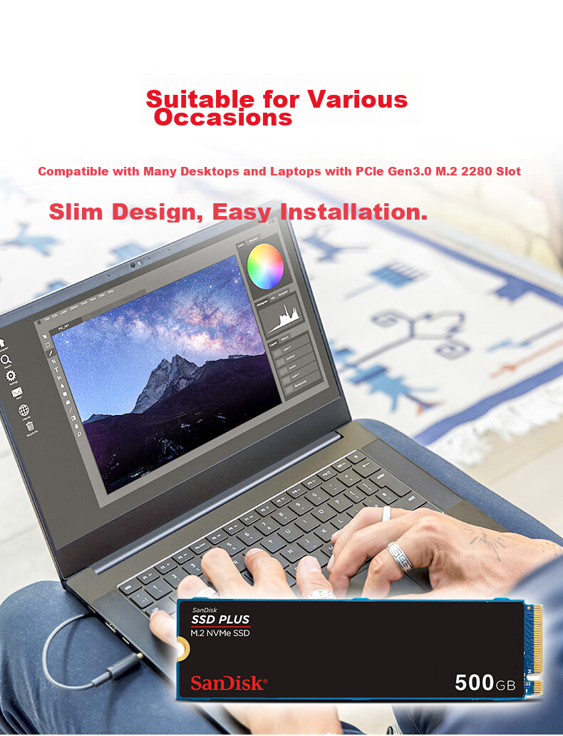 Sandisk 500GB SSD, 2400MB/s Read Speed, PLUS Enhanced Performance Version, M.2 Interface, TLC High-Speed NVMe Protocol, PCIe 3.0, Laptop Expansion, 2280 4