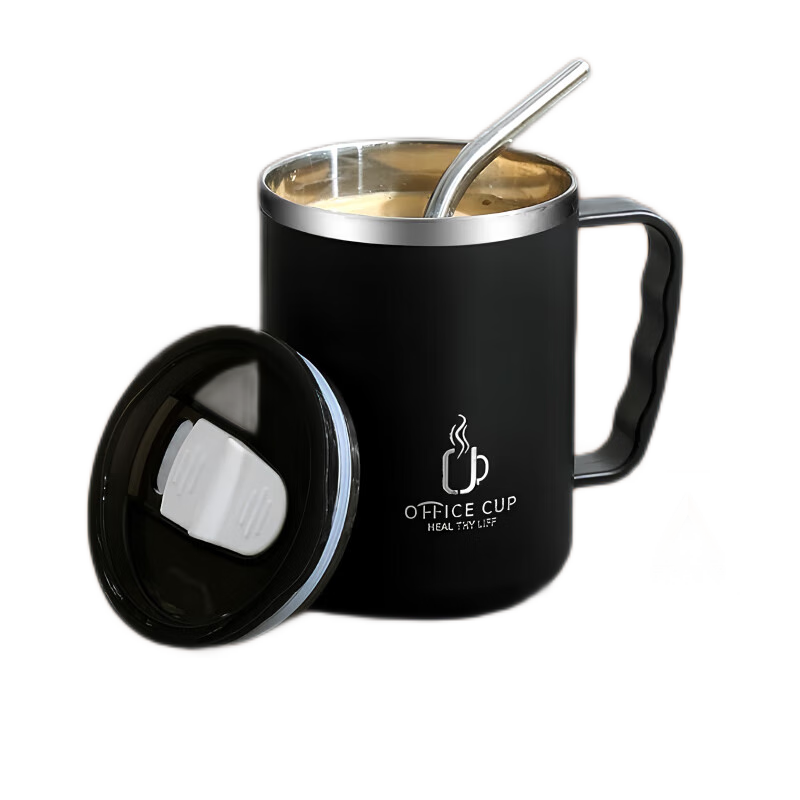 PINYU 304 Stainless Steel Water Cup, Mug, Coffee Cup for Home Use with Lid And Straw, Men's Office Drinking Cup, Black