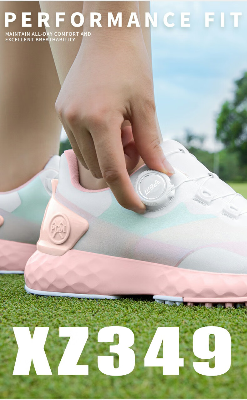 PGM Women's Waterproof Golf Shoes with Rotary Laces, Non-Slip Sneakers, Golf Cleats, White And Pink, Size 38 10