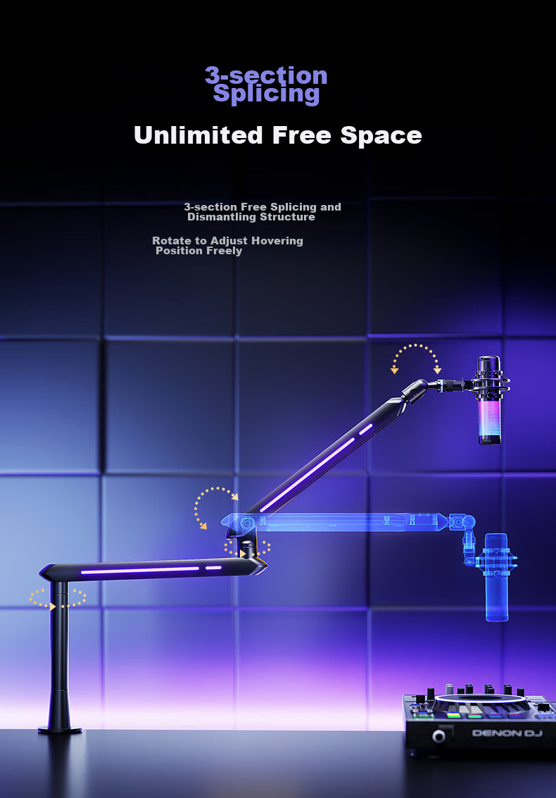 HUMANEX Light-Sensitive Microphone Stand, Suspended Arm Desktop Stand, Live Streaming Speaker, 3KG Load Capacity, Three-Section Foldable Atmosphere RGB Universal Stand, Elegant White 6