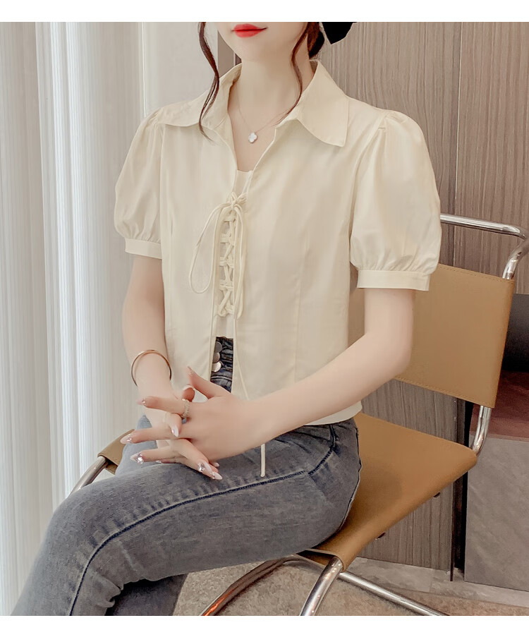 JEANSWEST Women's Summer 2025 Loose Puff Sleeve Short Sleeve Crop Shirt White L 20