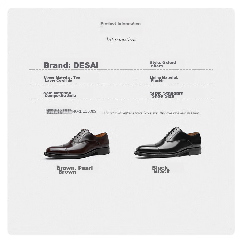 DES AI (DESAI) Three-Prong Men's Shoes, Business Formal Leather Shoes, Oxford Heightening British Wedding Shoes, Black, Size 43 9