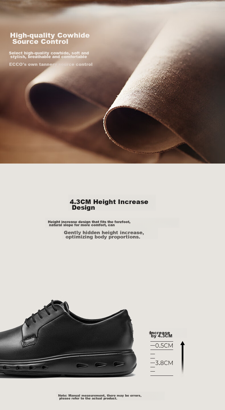 ECCO Derby Shoes, Cowhide Height-Increasing Casual Formal Leather Shoes, Hybrid Waterproof Series 524704, Cocoa Brown, Size 45 HL 3