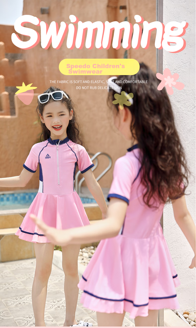 PEAK Children's Swimsuit for Girls, Summer One-Piece Princess Dress Style Sun Protection Swimwear for Older Girls, Hot Spring Bathing Suit, Y Pink, Size 160 1