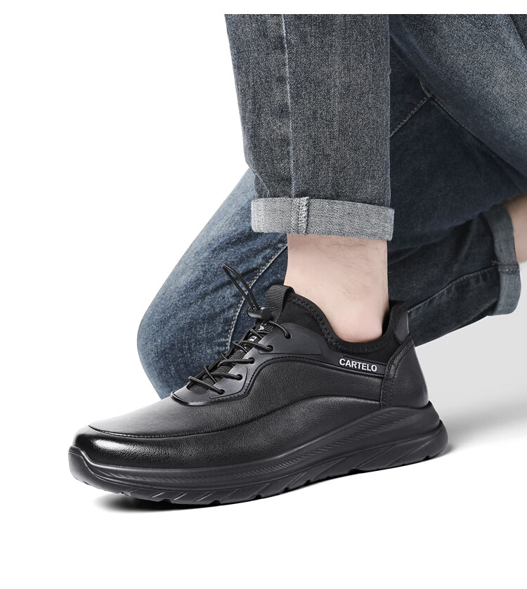 CARTELO Genuine Leather Men's Shoes, Business Casual Sports New Style, Autumn And Winter Soft Thick Sole Versatile Commuter Dad Shoes, Black Slip-O 25