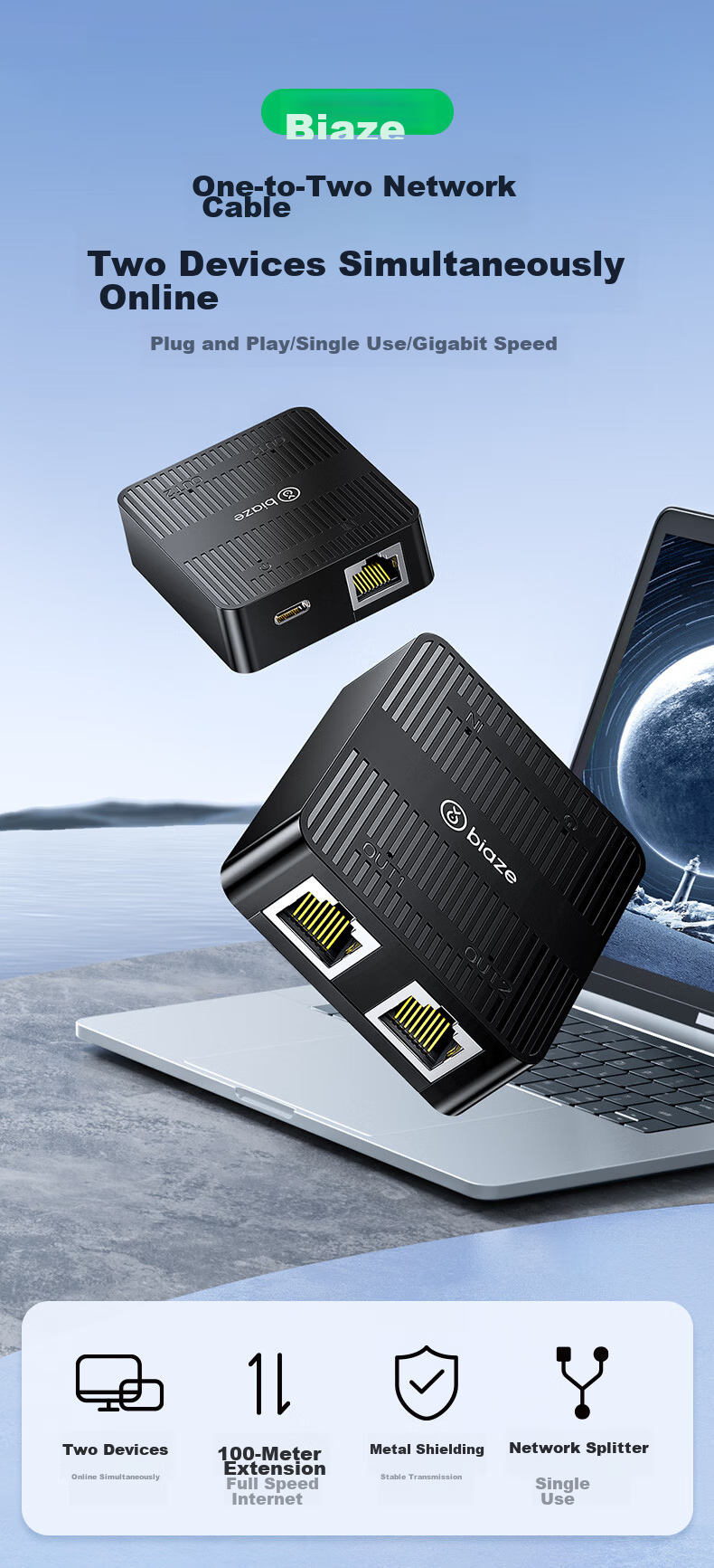 BIAZE Network Cable Splitter Two-In Gigabit Network Extender Simultaneous Internet Connection RJ45 Network Extension Connector Three-Way Head Broadband Router Interface Splitter 3
