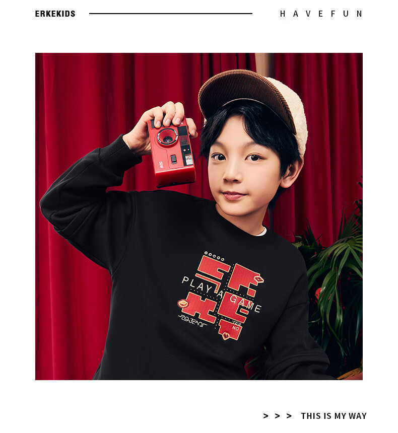 ERKE Kids Thickened Sweatshirt Boys and Girls Children's Round Neck Casual Top Oriental Red 150 7