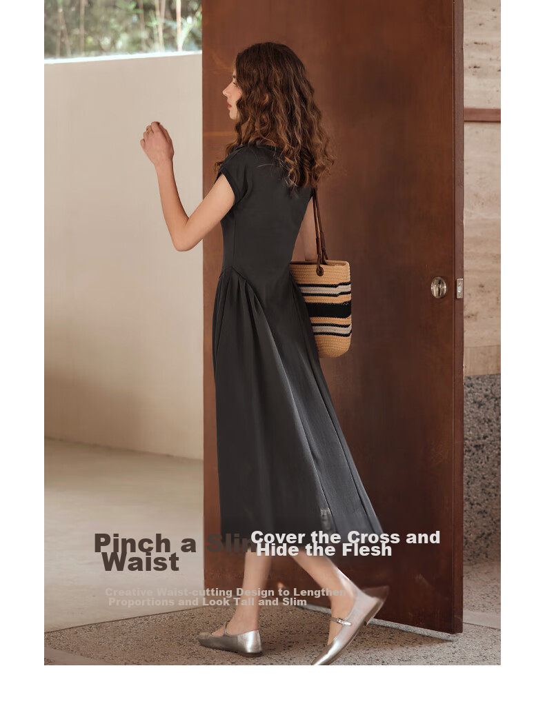 Olrain French-Style Elegant V-Neck Dark Gray Dress for Women, Summer Waist-Cinching A-Line Hem Audrey Hepburn Style, Dark Gray, Size L 24