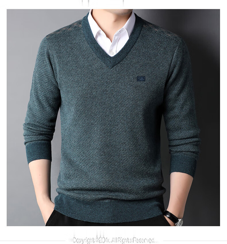 Hengyuanxiang 100% Pure Wool Men's V-Neck Thick Sweater Heart-Shaped Collar Men's Clothing 15213601 Blue Black 170/88A 4