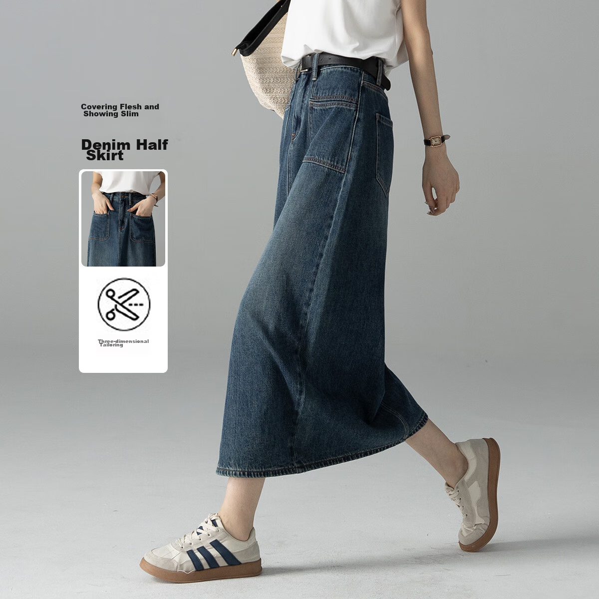 Dme [French Elegant] A-Line Slit Midi Skirt for Women, Spring And Autumn Style, Slimming High-Waist Mid-Length Skirt