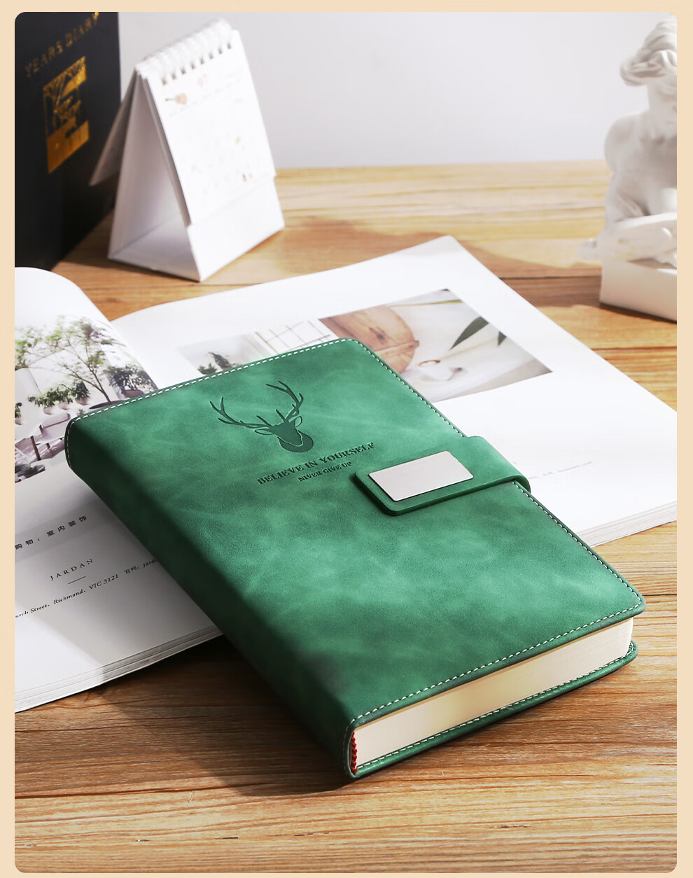 Jiaranheng A5 Green Notebook, Extra Thick Business Journal, Simple And Thick College Student Diary, Office Stationery, Leather Cover Notebook, Work Book, Meeting Record Book, Customizable 15