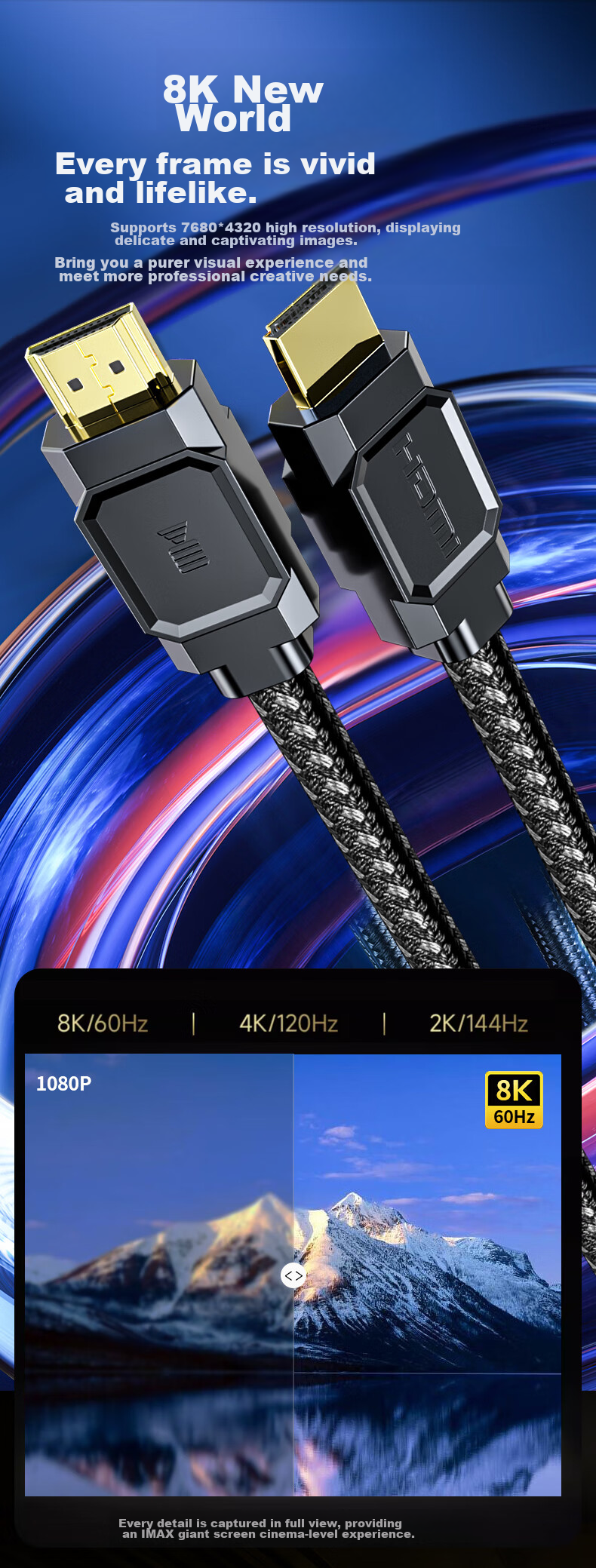 Kaiboer Single Crystal Copper Silver-Plated HDMI Cable Version 2.1, 4K240Hz8K60hz, High-Definition Audiophile Video Cable, for Connecting Computer, Set-Top Box, TV, Monitor, Theater, Engineering Wiring 4