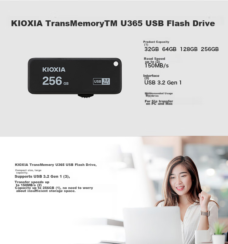 Kioxia 64GB USB Flash Drive U365 Rapid Series, Black, USB3.2 Interface 2