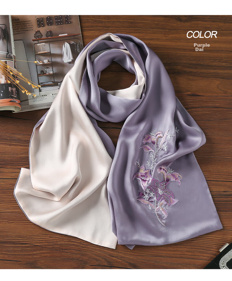 Shanghaigushi Silk Scarf for Women, Double-Layer Embroidery, 100% Mulberry Silk, Gift Box for Mom on Mid-Autumn Festival, Birthday Present, Purple And White 24