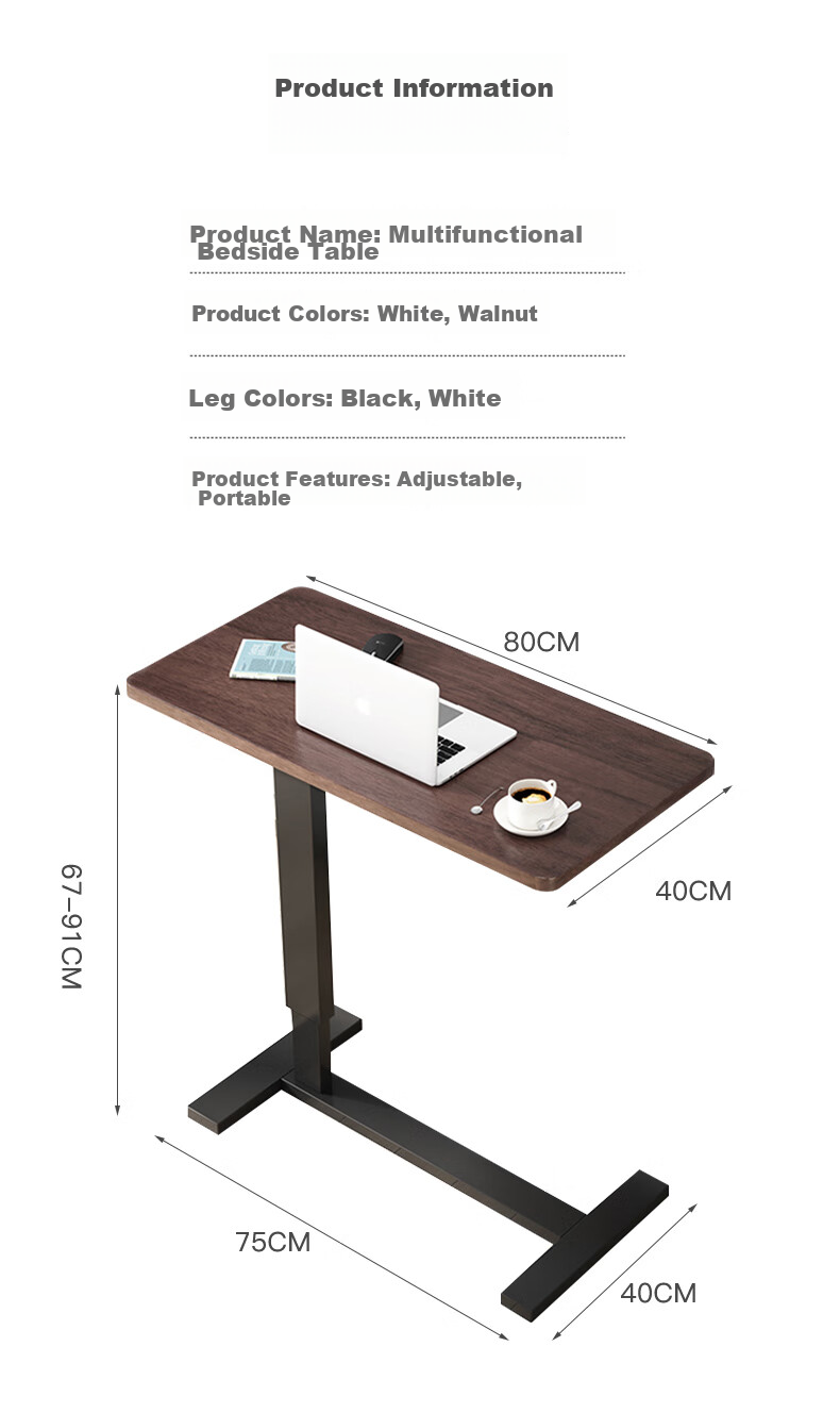 XIAOJIANGCAI Bedside Table, Movable Folding Adjustable Height Desk, Bedroom Dormitory Study Desk, Office Computer Desk, Walnut Color, 80*40 9