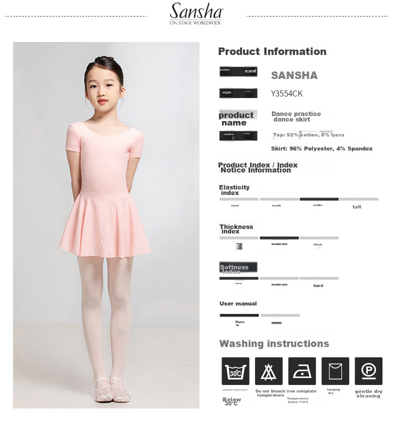 Sansha Ballet Leotard with Skirt for Children, Girls' Short-Sleeve Dance Practice Outfit, Dance Exam Costume Y3554 Pink S 2