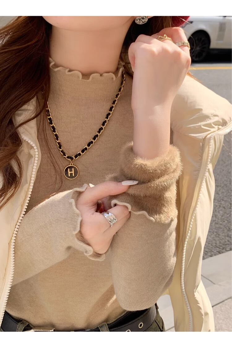 XUEXIMAN Knitted Sweater for Women, 2025 New Style, Solid Color Inner Layer, Semi-Turtleneck Top, Versatile Ruffle Trim Base Layer for Spring And Autum 9