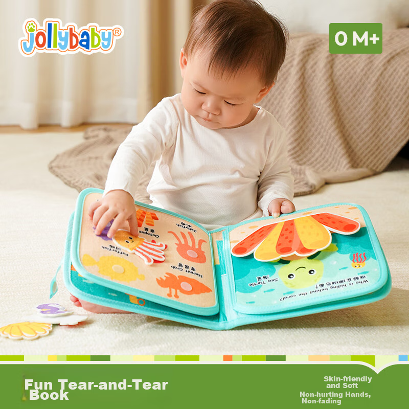 Jollybaby Tear-Resistant Book, Baby-Safe Chewable Cloth Book with Velcro, Early Education Children's Gift, Ocean Treasure