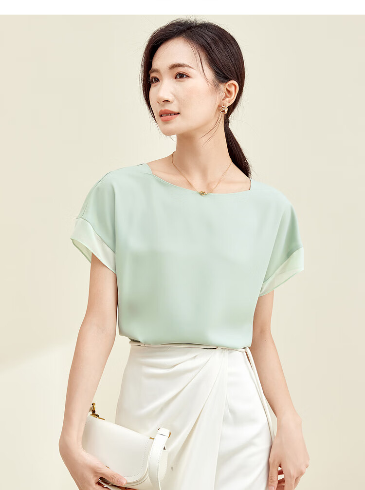 Sentubila Spliced Short-Sleeve Chiffon Blouse for Women, Slimming Tummy-Covering Top, Summer Lightweight Casual T-Shirt, Light Blue, S 38