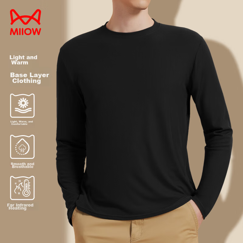 MiiOW 2024 New Ribbed Men's Base Layer, Semi-Turtleneck, 7A Antibacterial, Autumn And Winter Inner Wear, Draping Top, Black, Size L