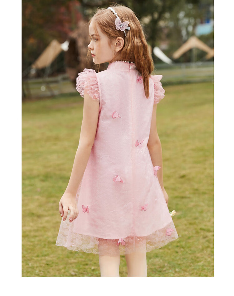 ASK JUNIOR Girls' Summer Dress with Small Flutter Sleeves, Retro New Chinese-Style Butterfly Qipao Dress, Princess Dress 4